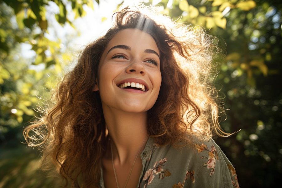 portrait of a woman with sunlight flare and nature , their smiling faces reflect the joy of blissful scene